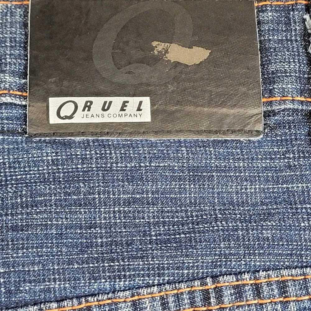 Qruel Jeans Company Mens 50x32 Wide Leg Denim Dark Wash Orange Stitch Blue